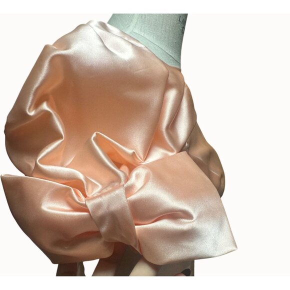 Vtg 80s JCPenney Peach Satin Prom/Bridesmaid Dress Puff Sleeves Big Bow Back USA - Picture 9 of 14